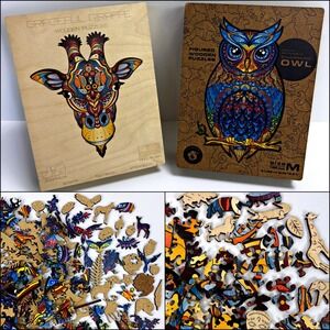 Wooden Puzzle Lot Owl Giraffe Jigsaw 100% Complete Colorful Unidragon Jigsawow